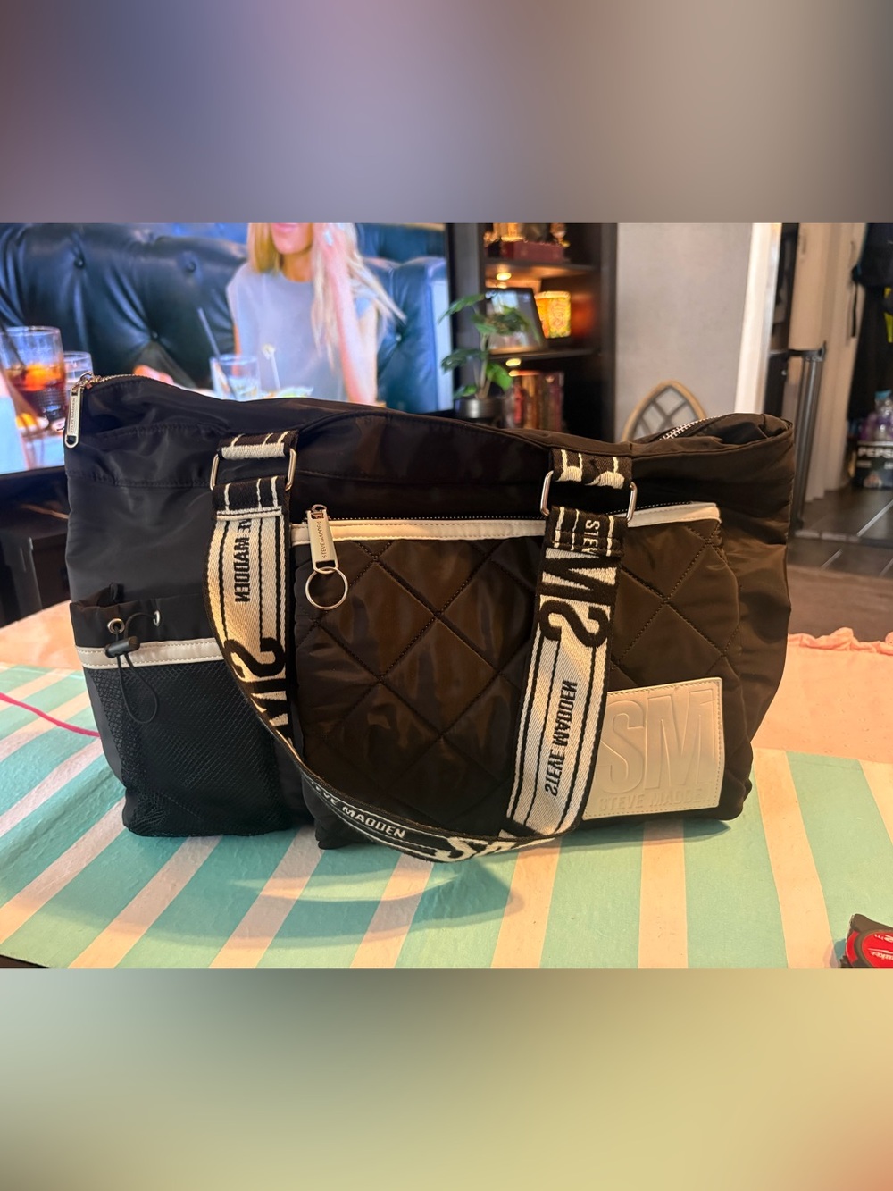 Steve Madden Black Quilted Duffel with Logo Webbing Strap